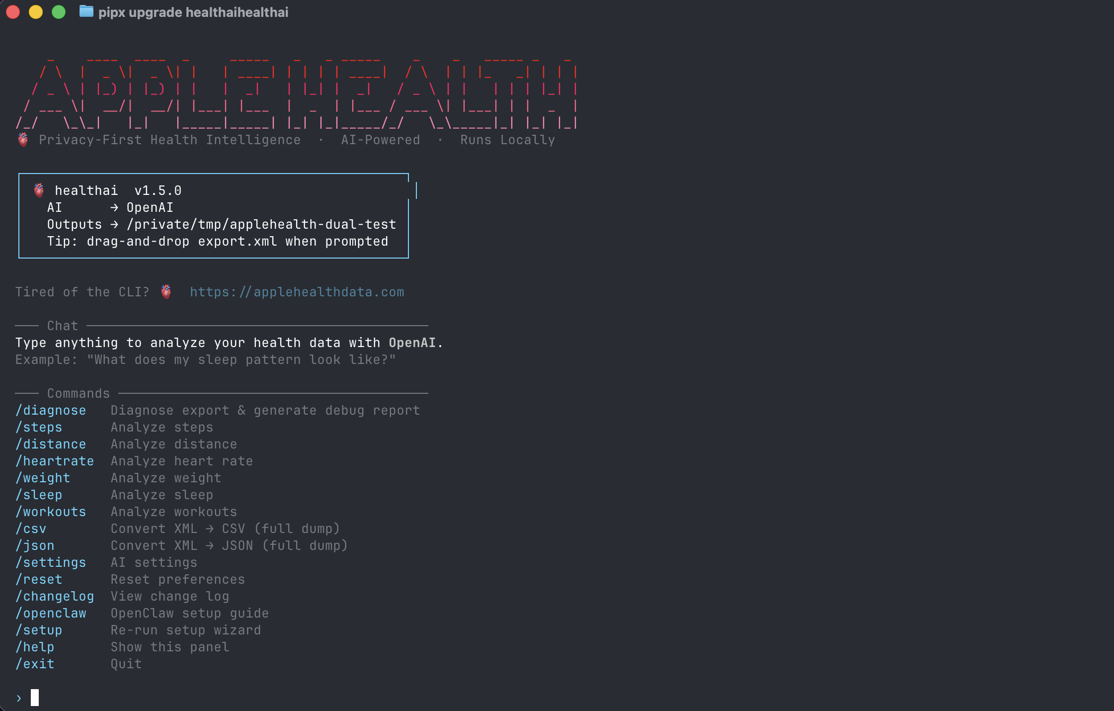 healthai CLI welcome screen showing slash commands like /diagnose, /sleep, /workouts